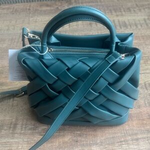 New Calin Collection Vegan Leather Teal Woven Crossbody Bag